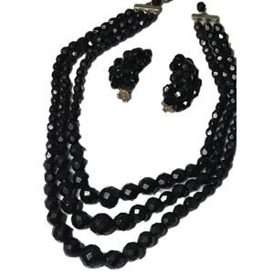 Vintage Signed Laguna Faceted Black Glass Bead 3 Strand Necklace & Clip Earrings